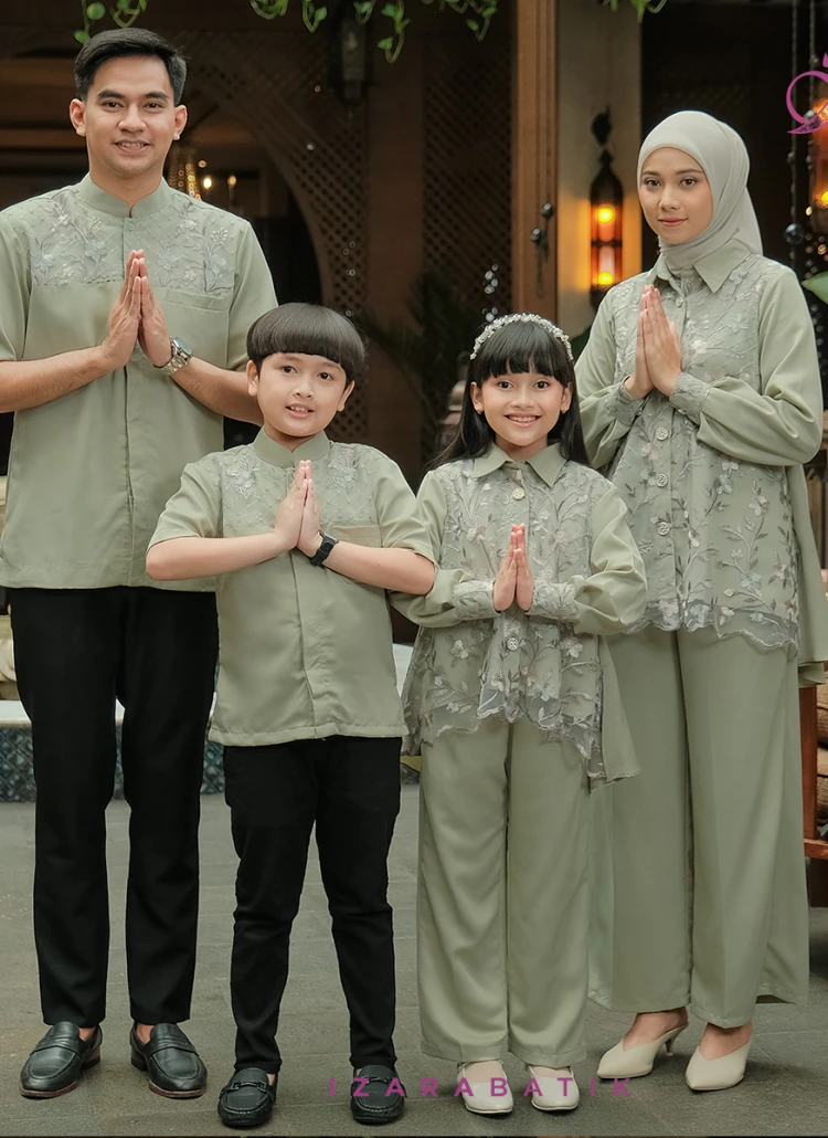 Family Set Arsanti Sage Raya Collection Baju Couple Sarimbit Lebaran Keluarga Muslim Gamis Koko