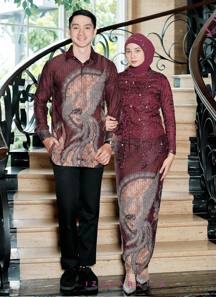 Kharisma Burgundy Set Kebaya Batik Modern Couple Wisuda Lamaran Full Payet Tunangan Kondangan Bridesmaid