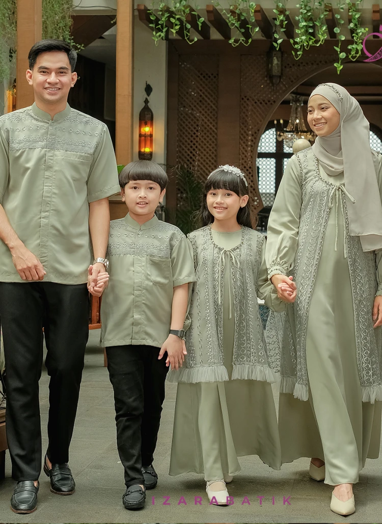 Family Set Dress Bestari Matcha Raya Collection Baju Couple Sarimbit Lebaran Keluarga Muslim Gamis Koko