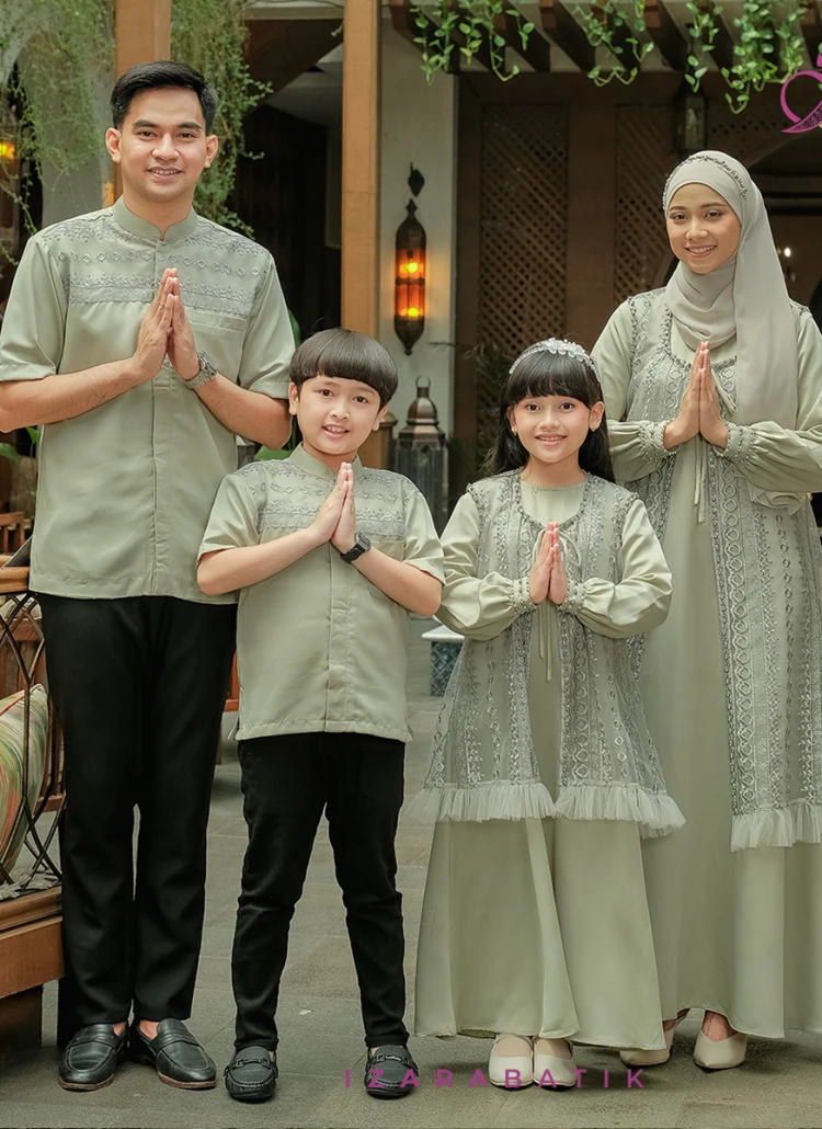 Family Set Dress Bestari Matcha Raya Collection Baju Couple Sarimbit Lebaran Keluarga Muslim Gamis Koko