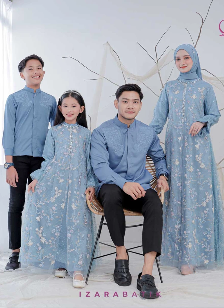 Family Set Dress Ishwara Denim Raya Collection Baju Couple Sarimbit Lebaran Keluarga Muslim Gamis Koko